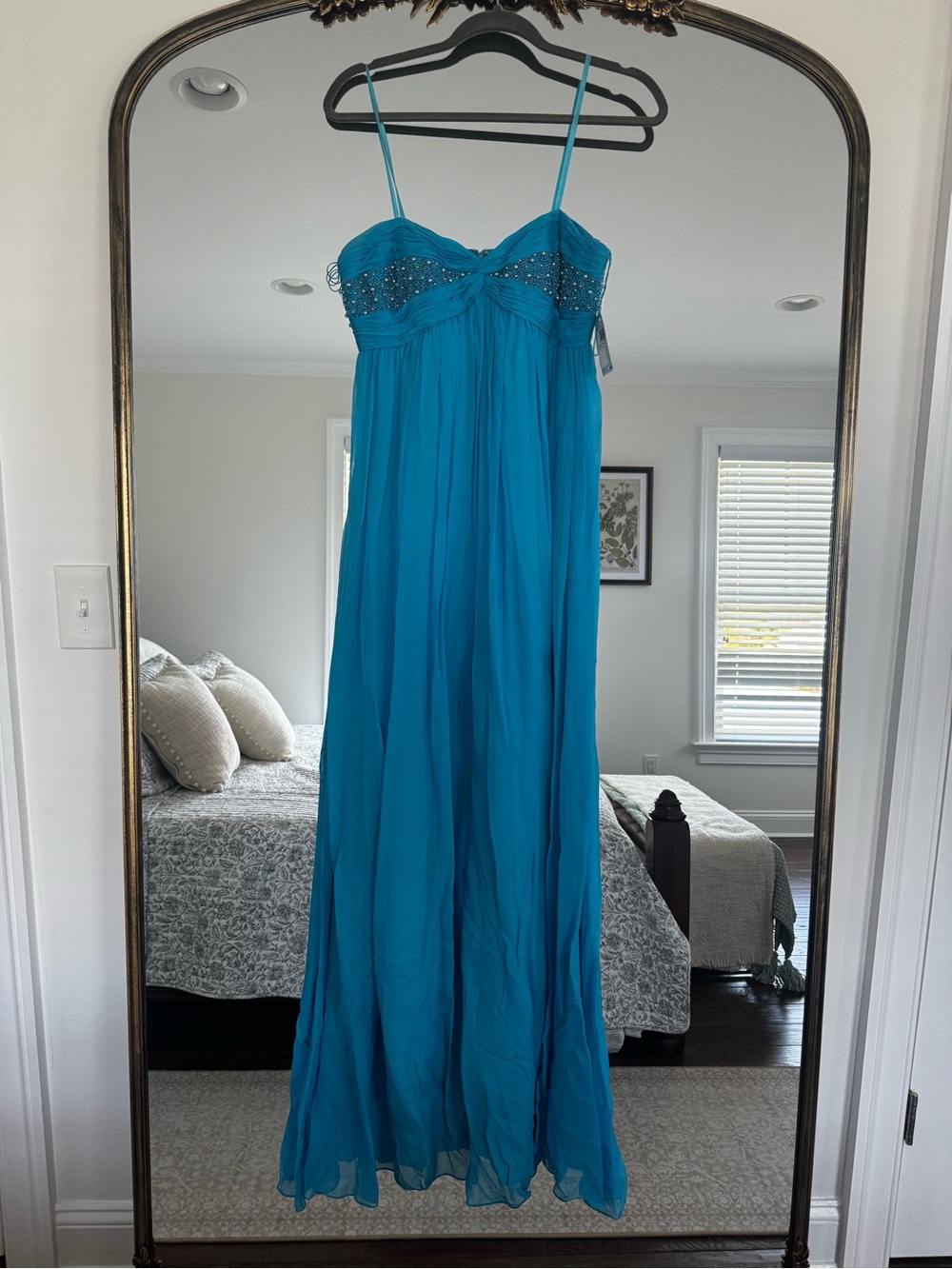 Blue Beaded Strapless Chiffon Maxi Dress Prom